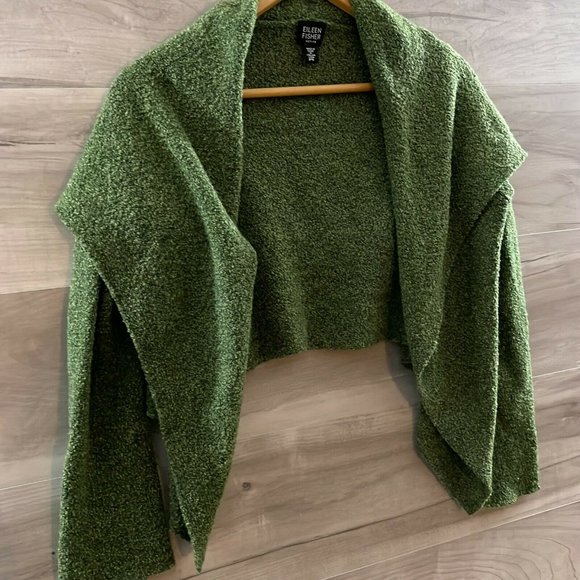 Eileen Fisher Womens Green Wool Nylon Bouclè Open Front Cropped Sweater Size S - Picture 3 of 10
